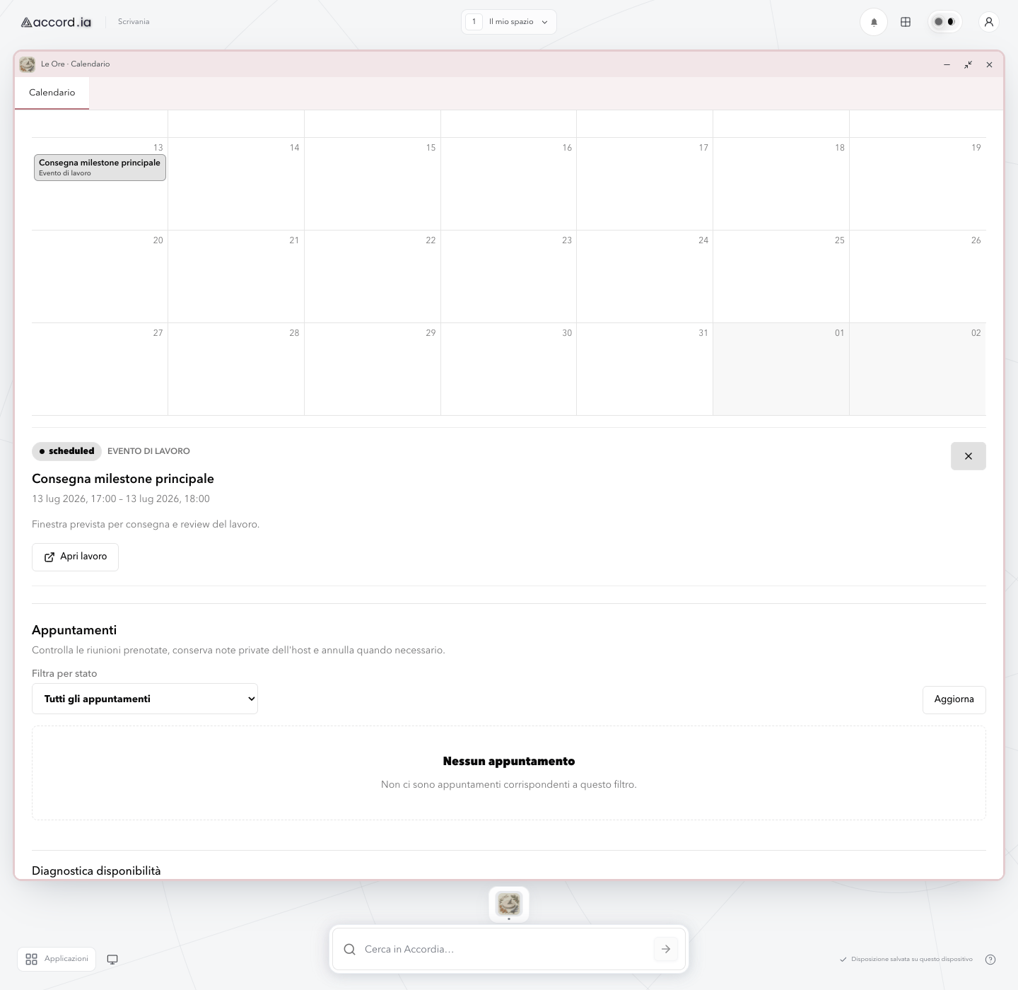 Real Accord.ia screen showing an inline milestone detail in the professional calendar.