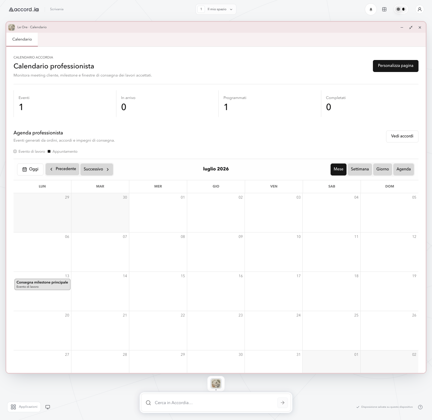 Real Accord.ia professional calendar month view with a delivery milestone.