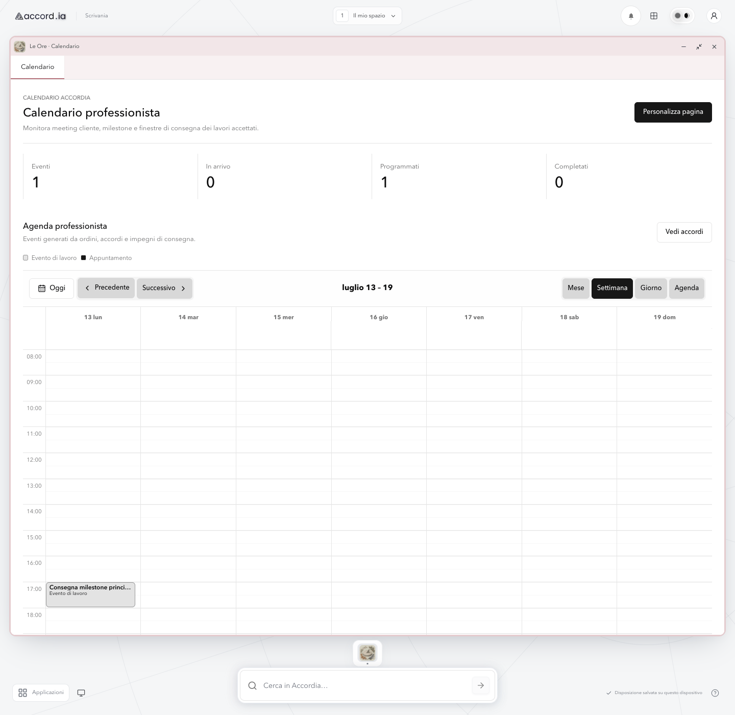 New Accord.ia desktop with the Le Ore calendar window, weekly agenda, and a delivery milestone using demo data.