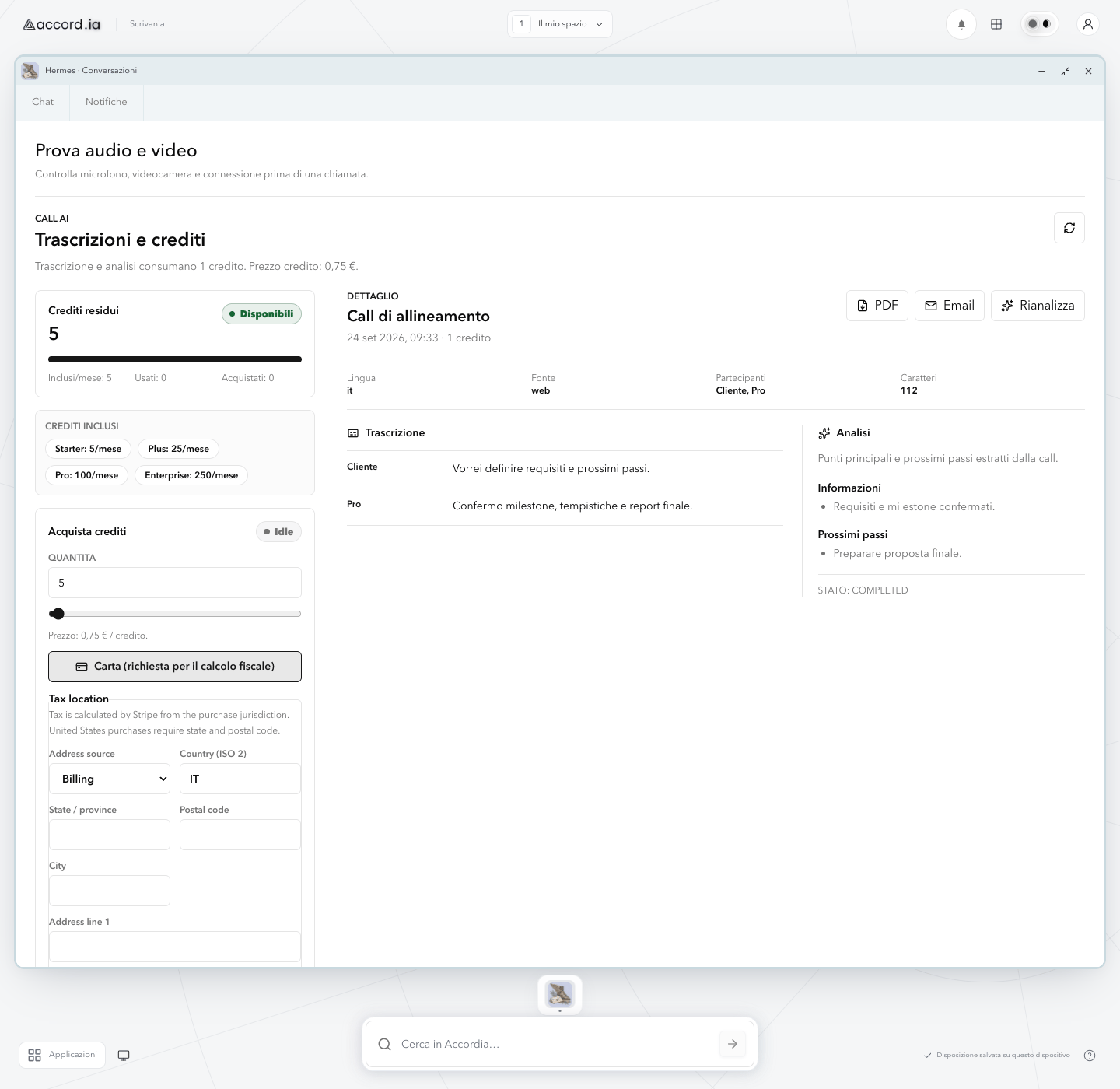 Real Accord.ia screen with Call AI credits, transcript, analysis, information, and next steps for a demo call.