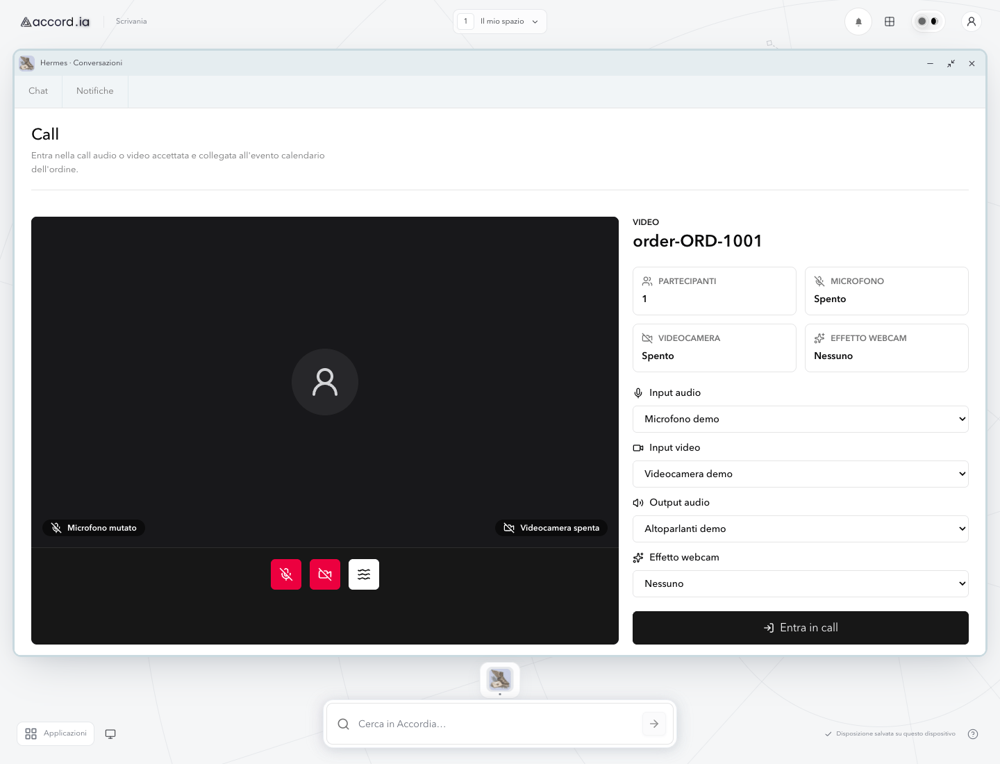 New Accord.ia desktop showing preparation for a demo order video call, with audio controls, camera selection, and effects.