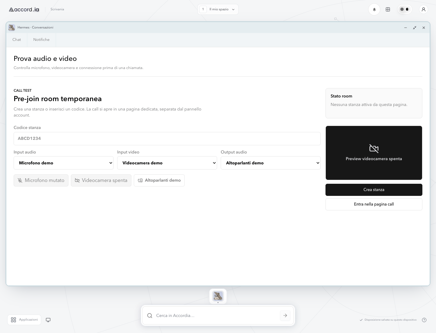 Real Accord.ia screen for selecting microphone, camera, and audio output before a video call.