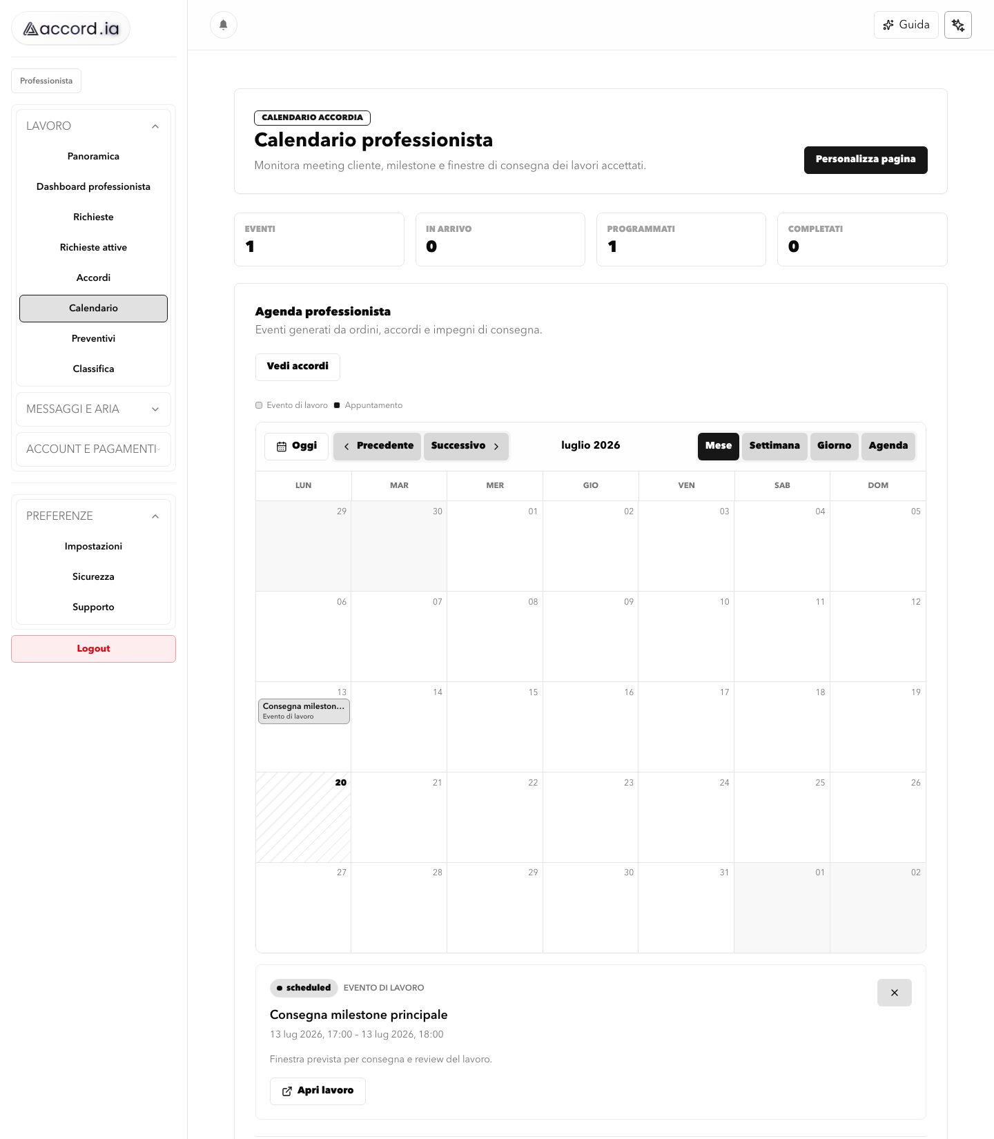 Schermata demo reale Accord.ia con calendario mensile professionista e dettaglio inline di una milestone di consegna programmata.