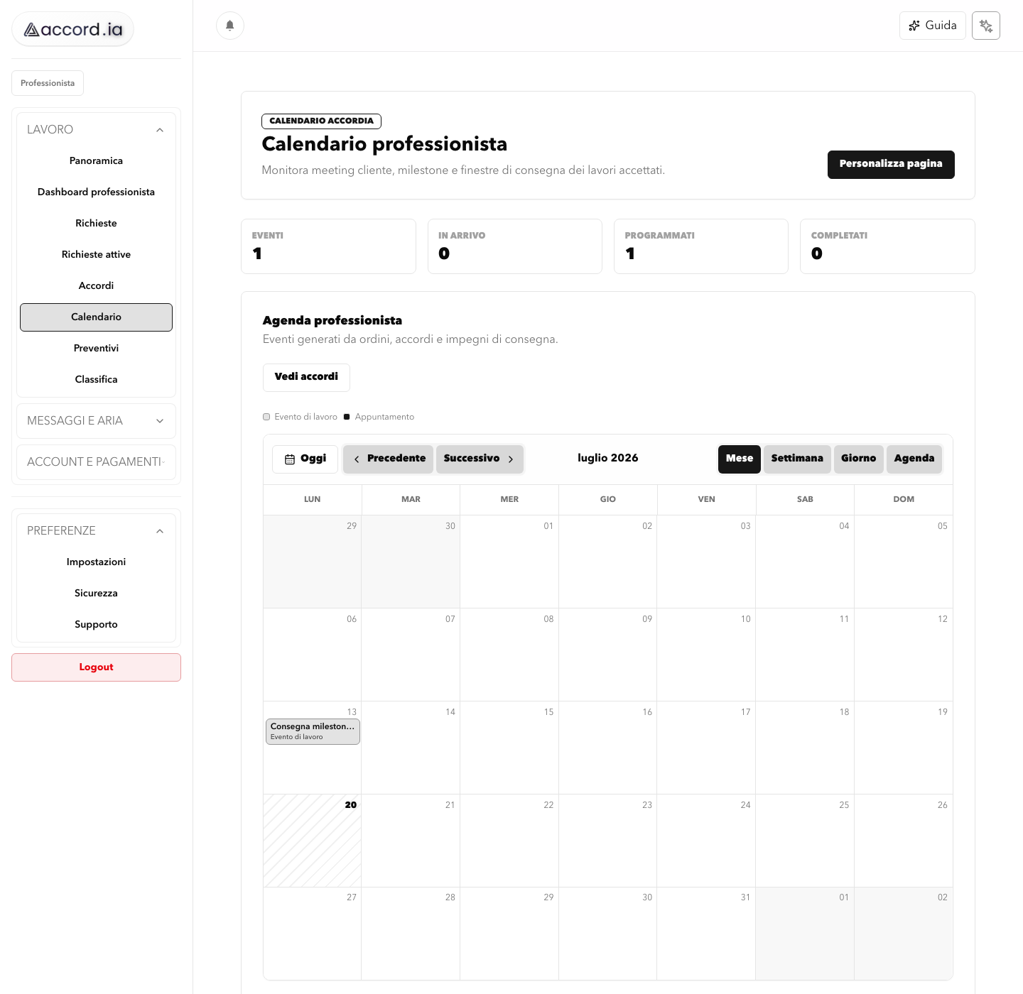 Real Accord.ia demo screen with professional monthly calendar, event totals, view controls, and a delivery milestone.