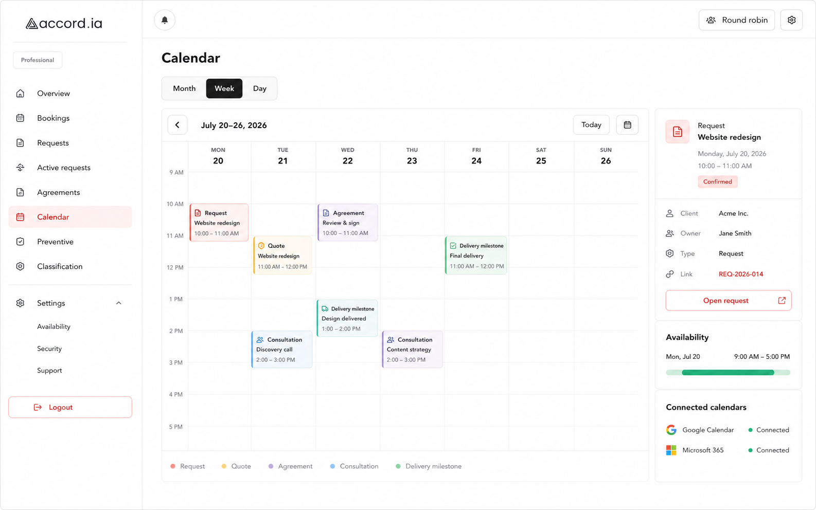 Visual generato del calendario settimanale Accord.ia con eventi collegati al lavoro, disponibilità, calendari connessi e dettaglio di una richiesta.