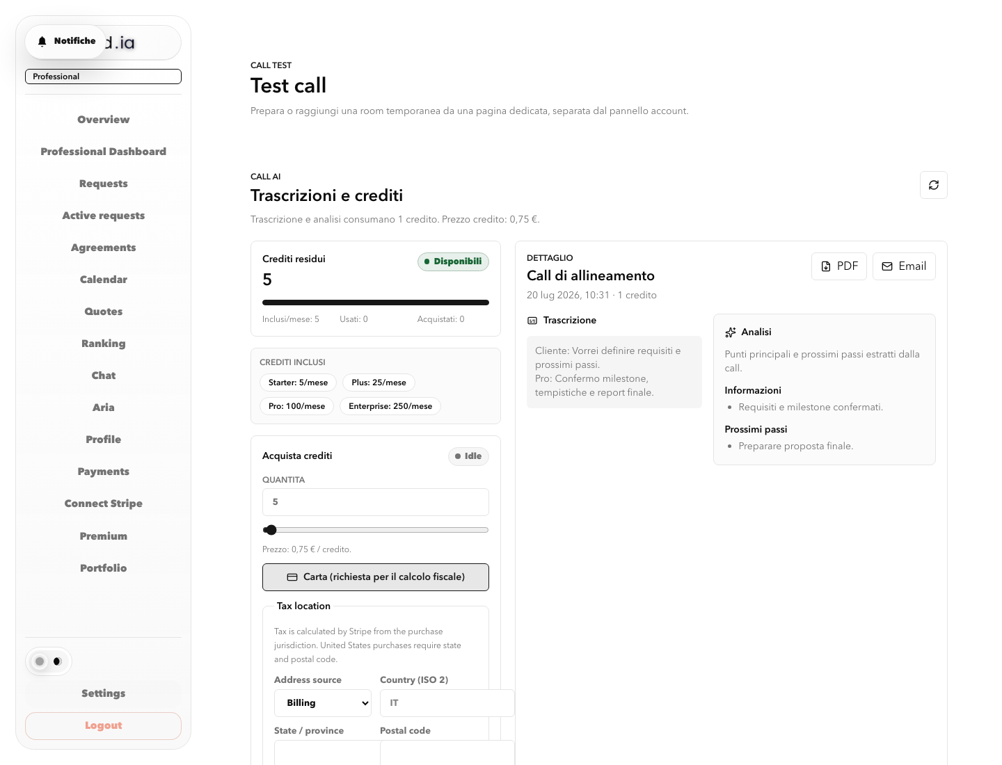 Real Accord.ia screen with Call AI credits, transcript, analysis, information, and next steps for a demo call.
