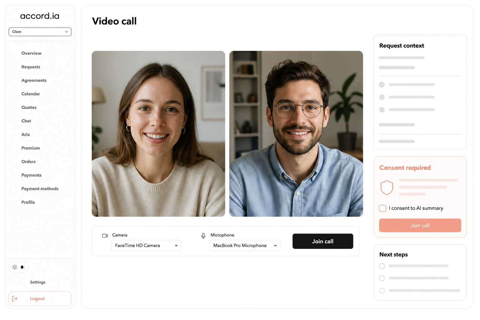 Generated Accord.ia video-call visual with two participants, camera and microphone controls, request context, AI-summary consent, and next steps.